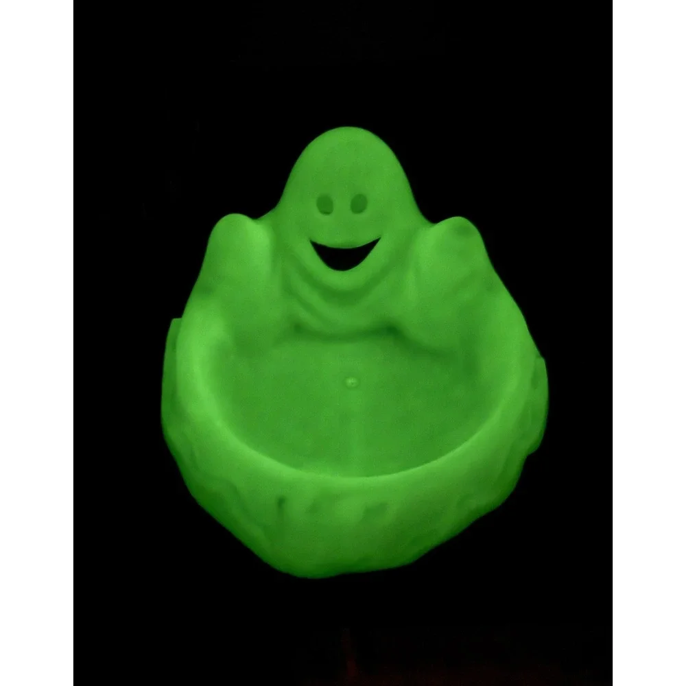 Glow in the Dark Plastic Halloween Candy Dish Bowl Molded White Ghost Shape VTG